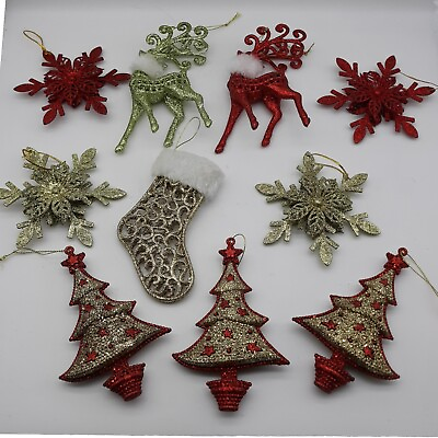 #ad Lot of 10 Glitter Christmas Ornaments Deer Stocking Trees Snowflakes Red Gold $14.99