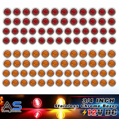 #ad 50X Amber 50X Red 3 4quot; Round Side 3 LED Marker Trailer Chrome Stainless Lamps $86.95