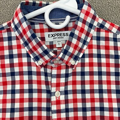 #ad Express Shirt Mens Large Red Blue White Check Button Up Long Sleeve Cotton $19.99