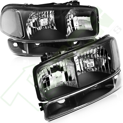 #ad 4x Fits 99 07 GMC Sierra Headlight Assembly Pair Bumper Headlamp Black Housing $52.99