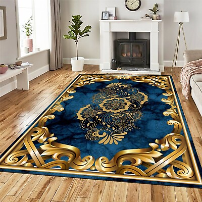 #ad Blue and Gold Oriental Pattern Rug Damask Design Modern Carpet Ethnic Design Mat $244.61