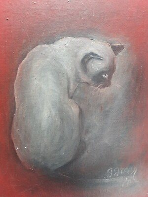 #ad Vtg Original Signed Siamese CAT Animal Painting Canvas Red Background MCM GREEN $99.95