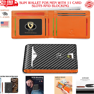 #ad Slim Wallet for Men with 11 card Slots Rfid Blocking Carbon Fiber wallets Bifold $15.95