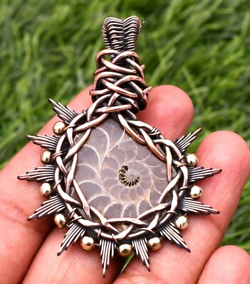 #ad Ammonite Pendant Copper Wire Wrapped Handmade Jewelry Pendant Necklace $17.19