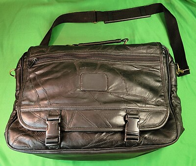 #ad Black Leather Briefcase Laptop Messenger Bag Body Strap Luggage Travel Vintage $17.49