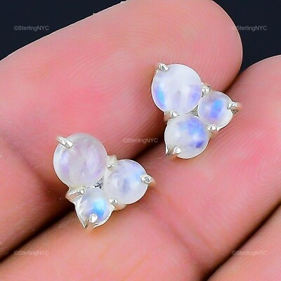 #ad Natural Rainbow Moonstone Gemstone Stud White Earrings 925 Sterling Silver $7.99