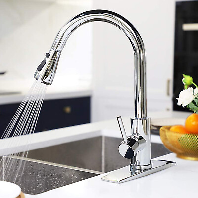 #ad Commercial Kitchen Sink Faucet Single Handle One Hole w Pull Down Sprayer Chrome $26.69