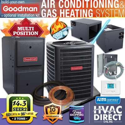 #ad Goodman 2 Ton 14.3 SEER2 96% 60K BTU NG LP Gas Furnace amp; AC Split System Kit $3823.00