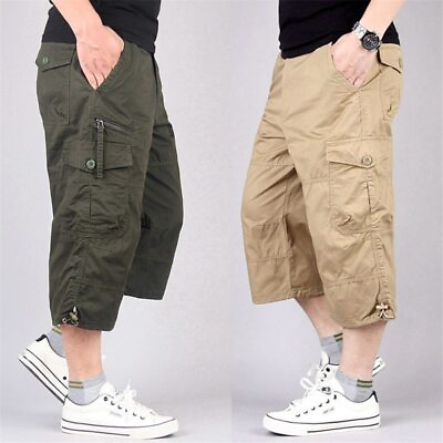 #ad Men Summer Multi Pocket Casual Cotton Elastic Capri Pants Men Military Short $39.77