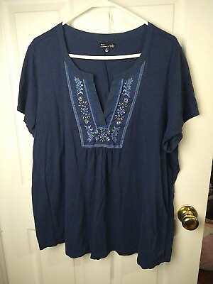 #ad RXB Blue Short Sleeve Casual V Neck Beaded Embroidery Top. Size 2X $12.99