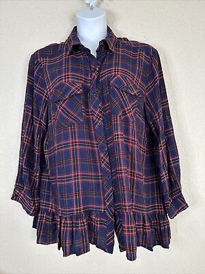 #ad Suzanne Betro Womens Plus Size 2X Red Blue Plaid Button Up Shirt Long Sleeve $16.49