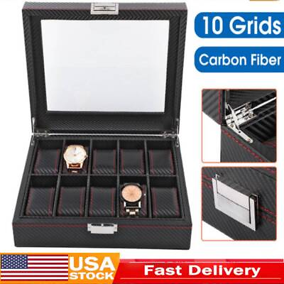 #ad 5 12 Grids Carbon Fiber Watch Gift Box Storage Case Jewelry Display Organizer $28.49
