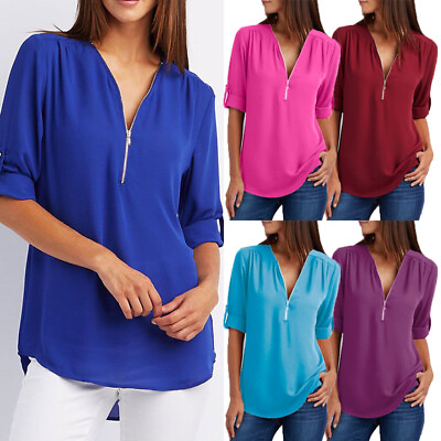 #ad Womens Chiffon Casual Loose Long Sleeve Blouse Zip Neck Summer Tunic Tops Shirt☾ $10.82