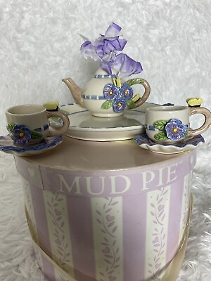 #ad Mud Pie Pansies and Butterflies Mini Tea Set Pot Lid 2 Cups 2 Saucers 6pc 2001 $32.00