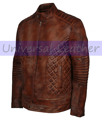 #ad Mens Cafe Racer Classic Quilted Diamond Brown Waxed Motorcycle Leather Jacket $139.99