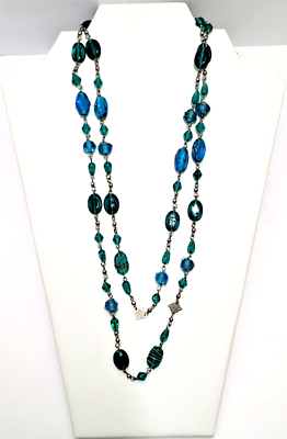#ad Wire Wrapped Blue Faceted Glass Bead Necklace Flapper Length 48quot; $10.95