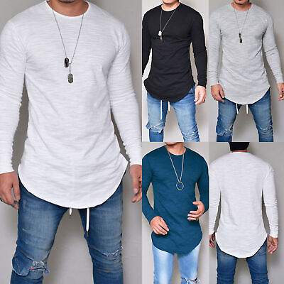 Mens Casual Solid Long Sleeve Muscle Tee T Shirt Slim Fit Longline Blouse Tops $13.77