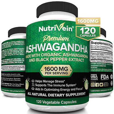 #ad Nutrivein Organic Ashwagandha Capsules 1600mg 120 Vegan Pills Stress Support $14.99