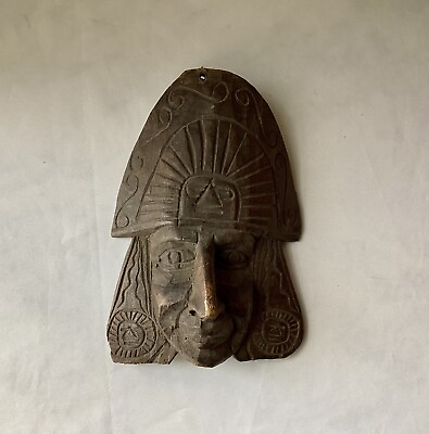 #ad VTG Antique South American Carved Wood Aztec Mayan Face Wall Mask 9.5quot; T $120.00