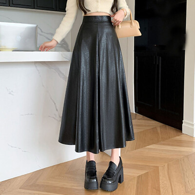 #ad Women#x27;s High Waist A Line Skirts Faux Leather Fashion Party Korean Long Skirts $38.21