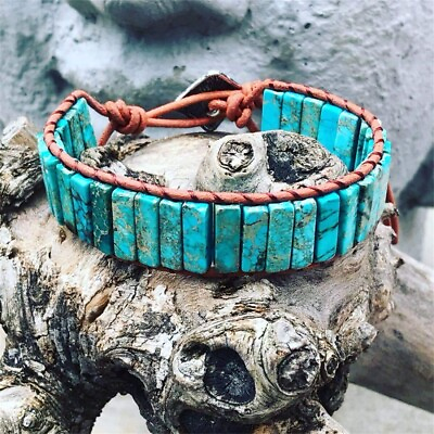 #ad Natural Turquoise Stone Tube Braided Bracelet for Protection Balance Healing $13.50