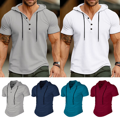 #ad Mens Hooded T Shirt Short Sleeve Tee Casual Hoodie Sports Tops Blouse Size Loose $18.59