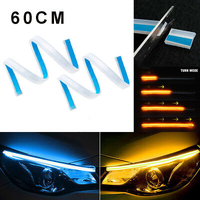 #ad 2PCS 60CM Amber Blue LED Car DRL Daytime Running Strip Light Flexible Soft Tube $10.98