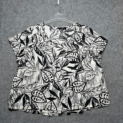 #ad Tahari Shirt Womens 2X White Black All Linen Leaf Ink Print Tunic Light Beachy $34.99