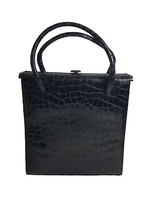 #ad Vintage Stuart Weitzman Black Leather Handbag Croc Design Push Lock Purse Spain $49.99