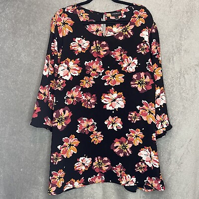 #ad Lane Bryant 2X 24 Shirt Top Black Floral 3 4 Sleeve Scoop Neck Textured Stretch $34.00