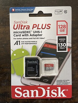 #ad Sandisk 128GB UltraPLUS MicroSDXC UHS I Card with Adapter SDSQUR 128G. NEW $29.99