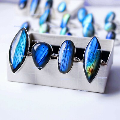 #ad 10pcs labradorite 92.5 silver plated adjustable rings wholesale gemstone rings $28.04