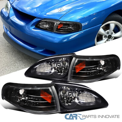 Fit Ford 94 98 Mustang GT SVT Headlights BlackCorner Turn Signal Lamps w Amber $89.95