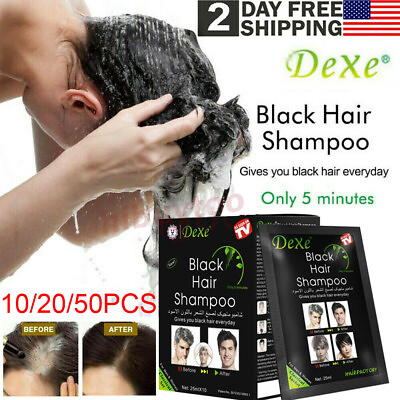 #ad 50 10Pcs Black Hair Shampoo Instant 100%Natural Hair Darkening Dye Color Shampoo $38.95