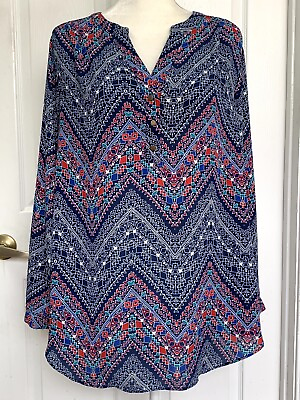 #ad Investments Women#x27;s Plus Size 1X Blue Red Print 1 4 Button Top Blouse Shirt $12.99