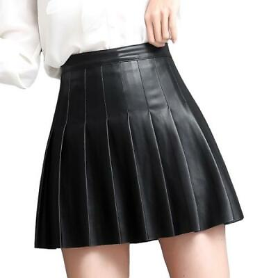 #ad Women Fall Winter Mini Pleated Skirt Real Leather High Waist Slim A line Skirt L $49.76