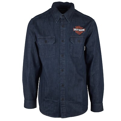 #ad #ad Harley Davidson Men#x27;s Dark Indigo Bar amp; Shield Denim L S Woven Shirt S50 C $49.60