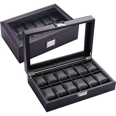 #ad Carbon Fiber Watch Box Multiple Slots with Glass Top Display Watches Storage $88.69