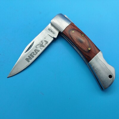 #ad #ad USED NRA Plain Edge Folding Liner Pocket Knife Pocket knife Wood Eagle $12.74