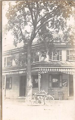 #ad J57 Interesting RPPC Postcard c1910 Store Building Early Motorcycle 134 $18.40