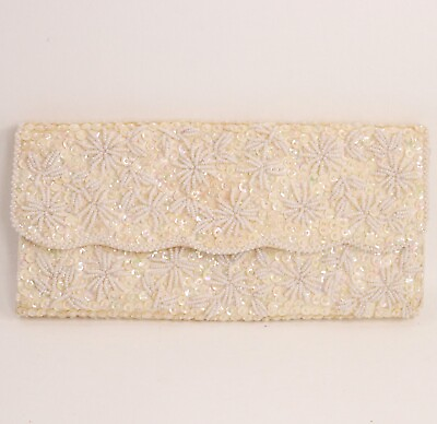 #ad Vtg Handmade Clutch Handbag Women S Cream Beaded Sequin Purse Pouch Bag Lined $16.72