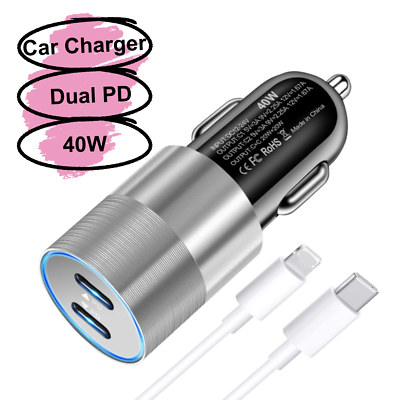 #ad Universal Fast Car Charger For iPhone 40W Dual PD Type C Charge Adapter cable US $8.75