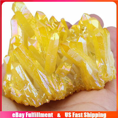 #ad Natural Aura Yellow Titanium Quartz Cluster Chakra Healing Crystal Druzy Geode $11.68