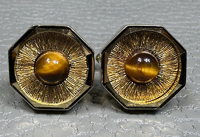 #ad Vintage Tiger#x27;s Eye Yellow Gold Plated Cuff Links $19.95