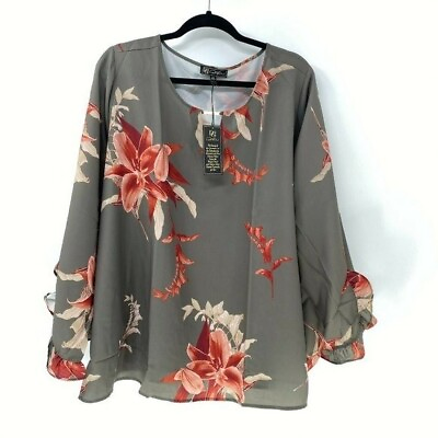 #ad Dg2 Diane Gilman floral blouse plus sz 2X ruffle sleeve keyhole NWT Green $9.50
