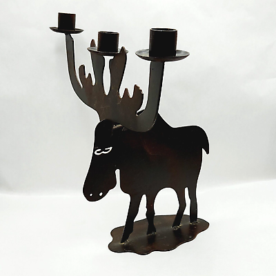 #ad Moose Metal Candle Holder Freestanding 2 Piece 3 Taper Holders Western Antlers $23.75