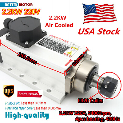 #ad Square 2.2KW ER20 Air Cooled Spindle Motor 4 Bearing 24000rpm for CNC Router〖US〗 $192.00