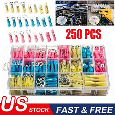 #ad 250x Heat Shrink Wire Connectors Electrical Ring Fork Spade Crimp Terminals Kit $14.95