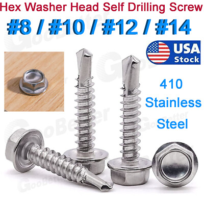 #ad #8 #14 Hex Washer Head Self Drilling Sheet Metal Tek Screws 410 Stainless Steel $5.09
