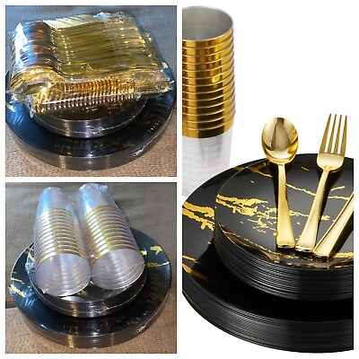 #ad 150 Pcs Black and Gold Marbling Plastic Dinnerware Wedding 25 Settings BEAUTIFUL $62.24